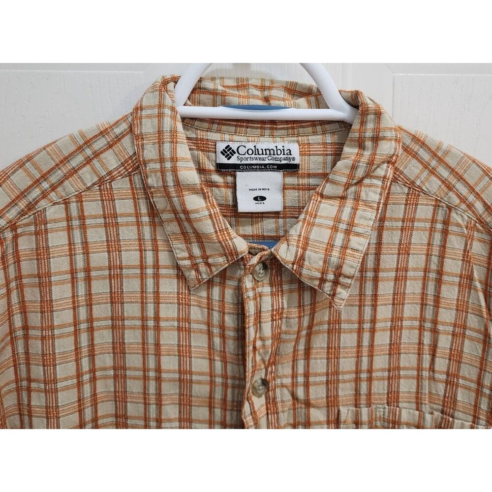 Columbia Orange Plaid Check Short Sleeve Button Up Shirt Size Large Cotton - Picture 2 of 10